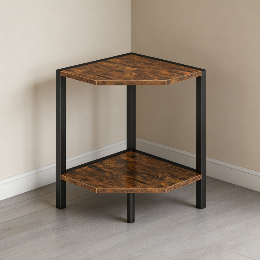 Rustic Brown 2-Tier Industrial Corner Shelf - Image 2