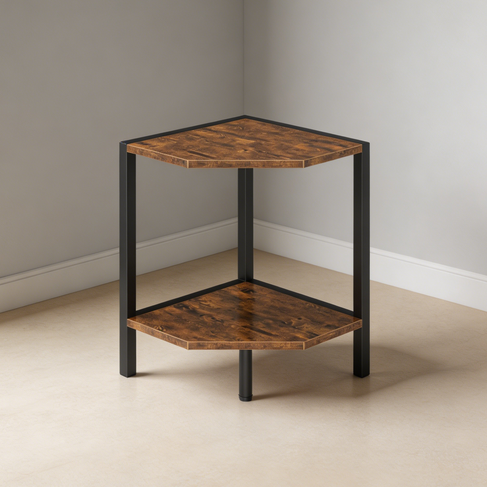 Rustic Brown 2-Tier Industrial Corner Shelf
